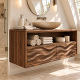 Open shelf bathroom cabinet in natural solid wood with flowing carved drawer fronts