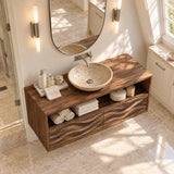 Sculptural bath vanity cabinet in natural solid wood with storage ledge and drawers