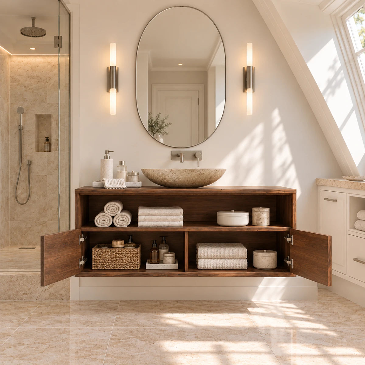 Architectural bathroom vanity in natural solid wood with wave texture and shelf space