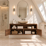Architectural bathroom vanity in natural solid wood with wave texture and shelf space