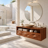 Storage focused vanity cabinet in natural solid wood with carved fronts and display shelf