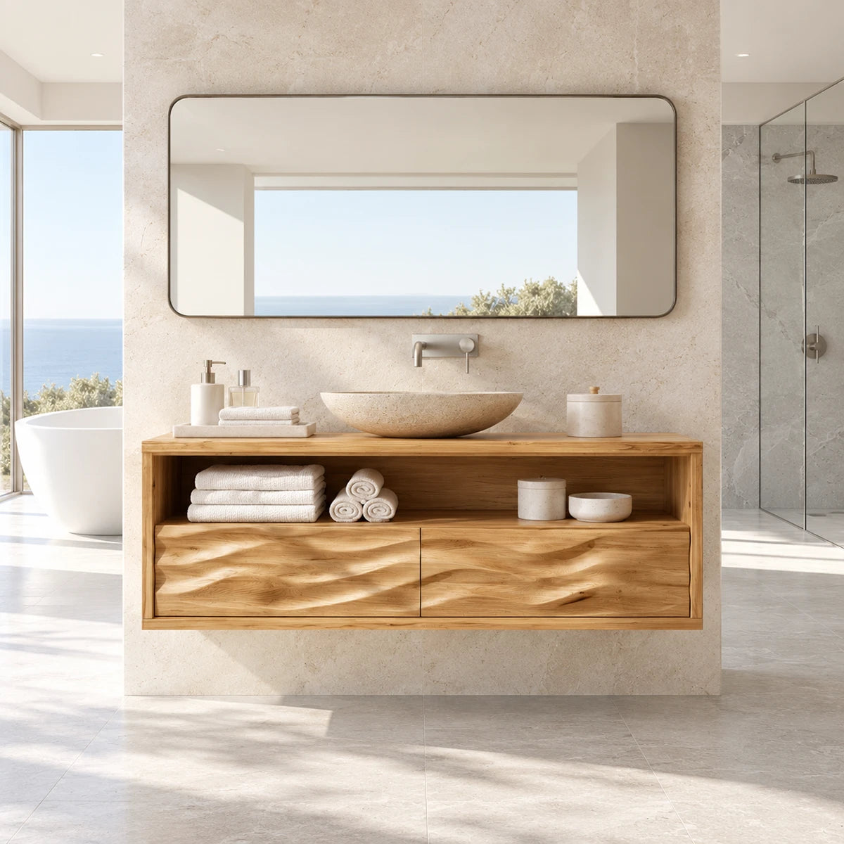 Contemporary bath furniture in natural solid wood with floating profile and drawer storage