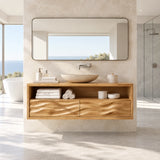 Contemporary bath furniture in natural solid wood with floating profile and drawer storage
