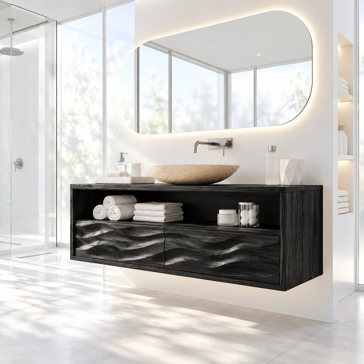 Designer bathroom cabinet in natural solid wood with rippled drawer faces and open shelf