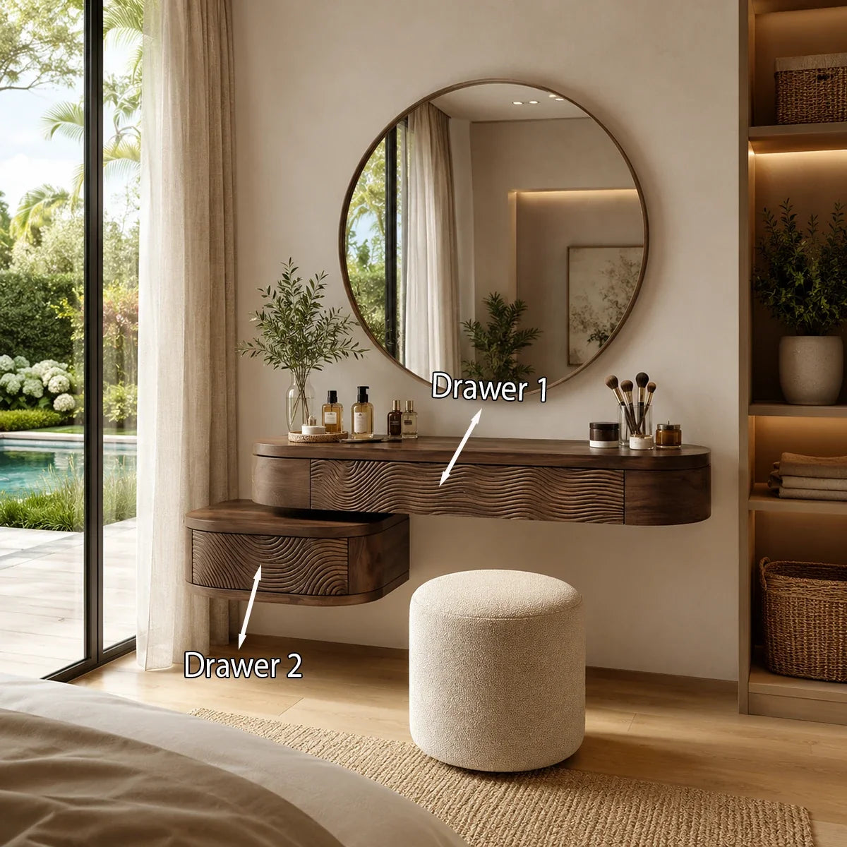 Minimalist vanity desk with floating profile and textured drawers for beauty routines
