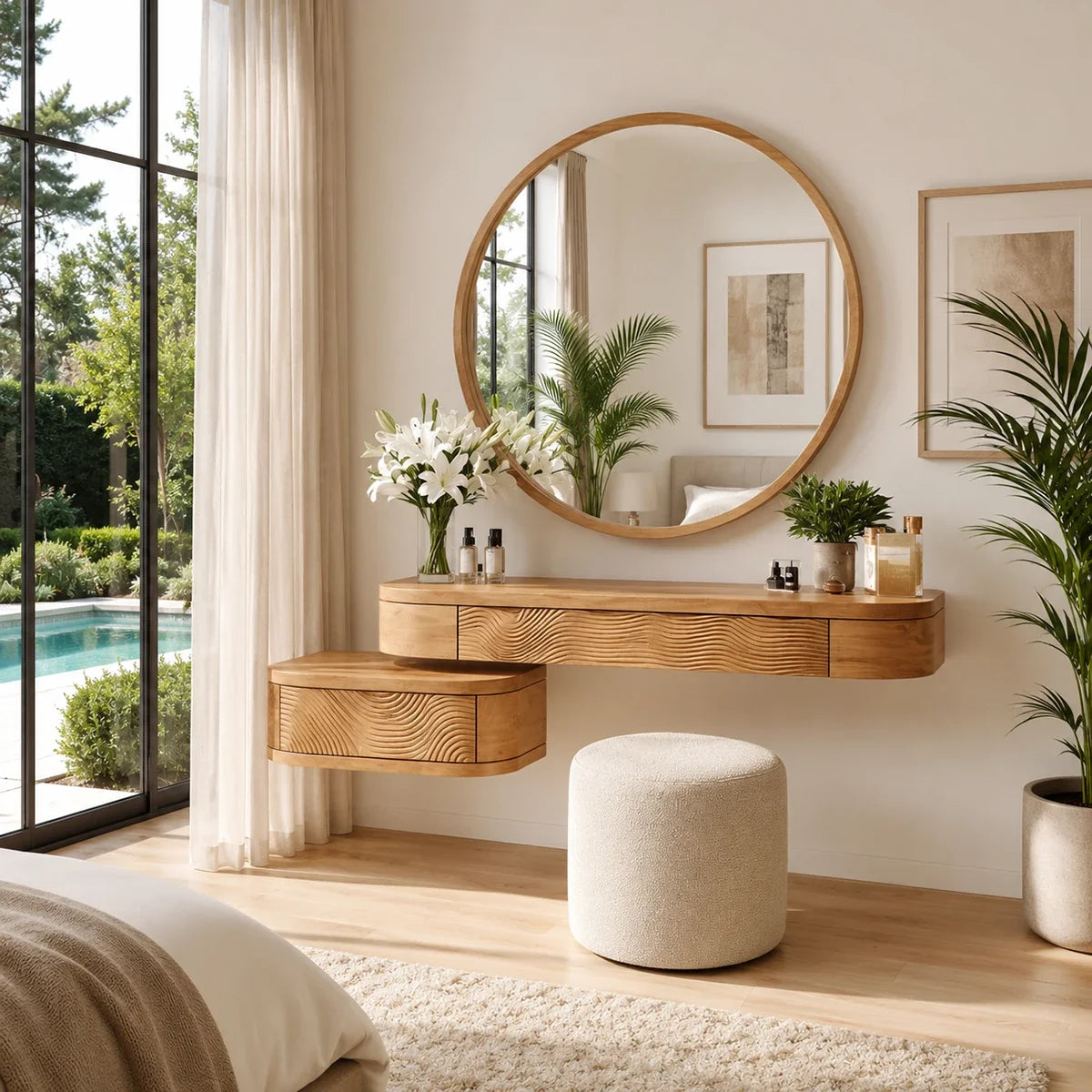 Contemporary makeup vanity showcases rounded form and artistic drawer detailing indoors