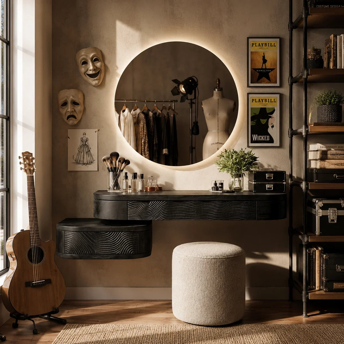 Vanity table with wall mounted storage and carved fronts for cosmetics and decor