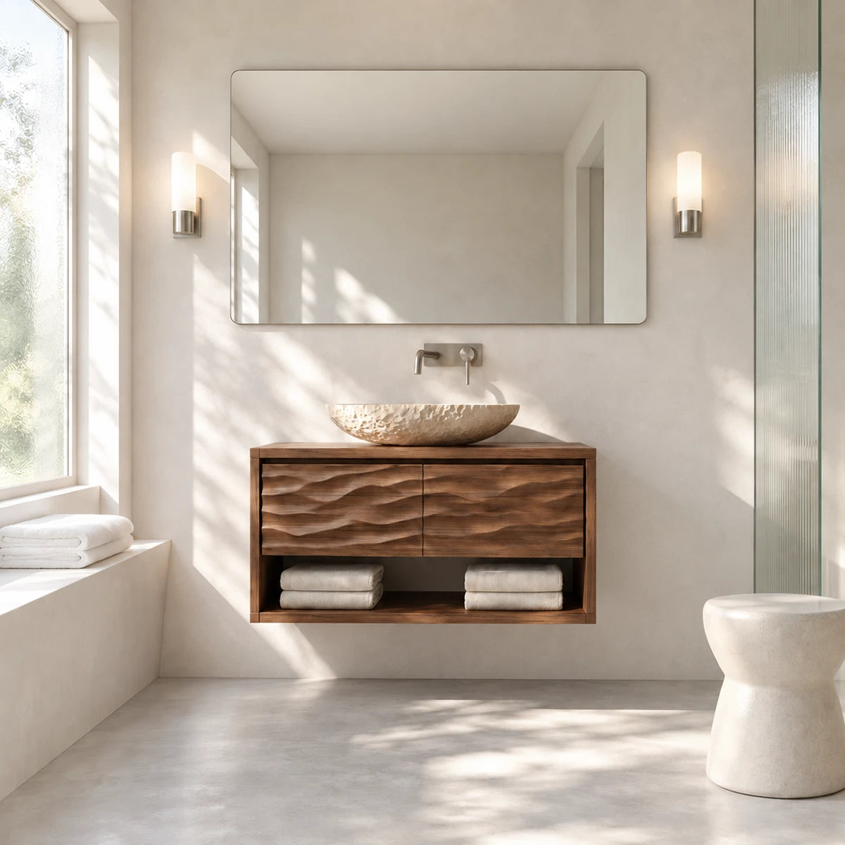 Clean lined bathroom vanity in natural solid wood with carved front and storage space
