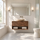 Clean lined bathroom vanity in natural solid wood with carved front and storage space