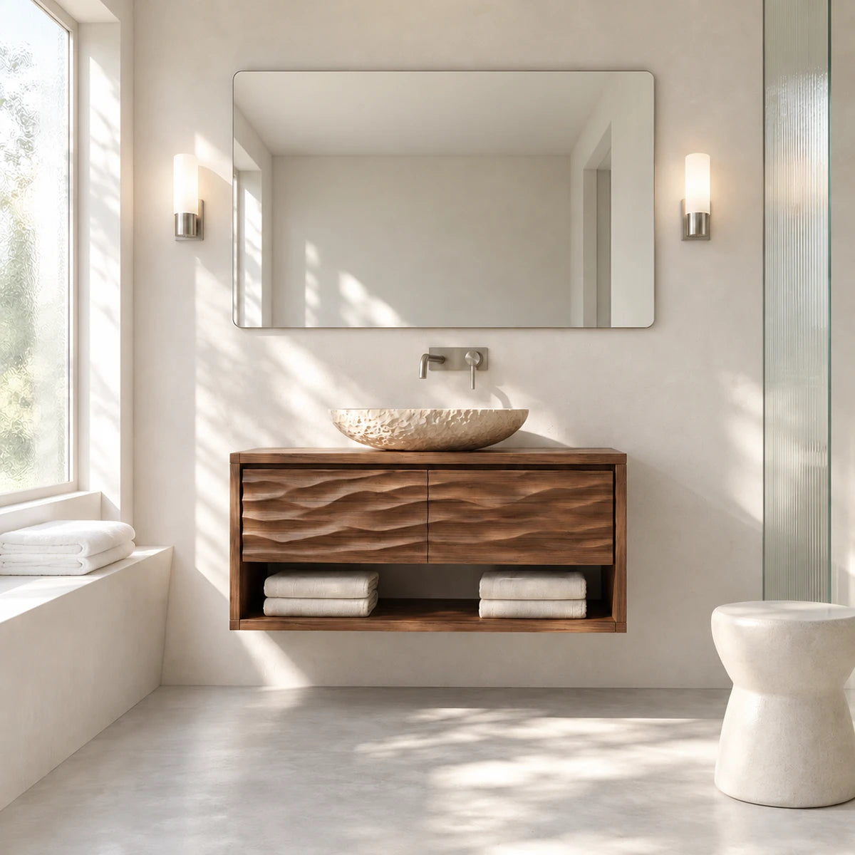 Designer bath vanity in natural solid wood with floating form and wave drawers style
