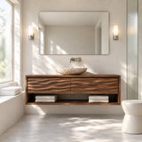 1. Refined vanity cabinet in natural solid wood with vessel sink and shelf storage below