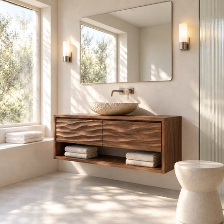 Floating bathroom vanity in natural solid wood with vessel sink and open lower shelf
