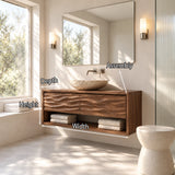 Space saving bath vanity in natural solid wood with vessel basin and shelf storage