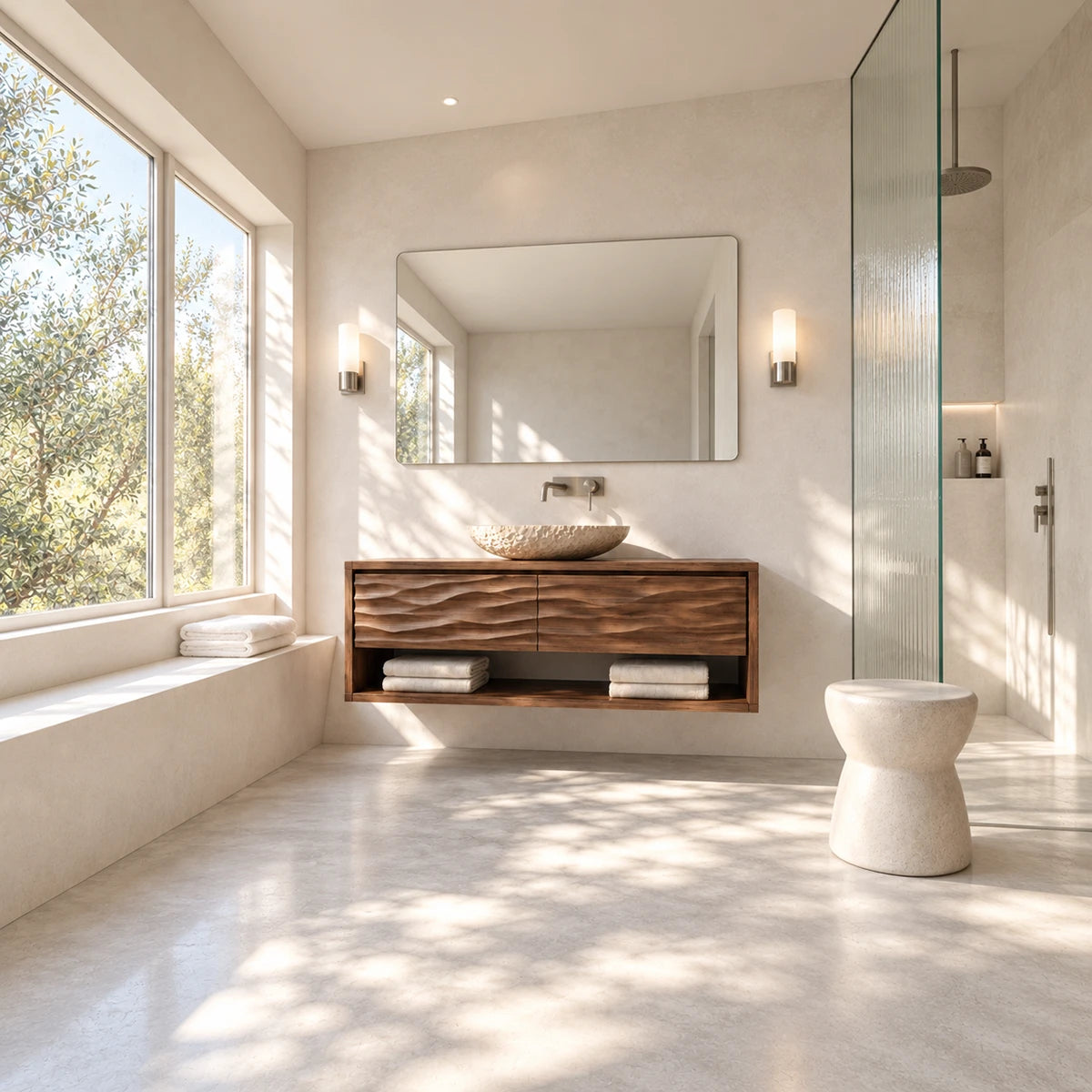 Wall mounted vanity in natural solid wood with textured drawers and open storage