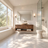 Wall mounted vanity in natural solid wood with textured drawers and open storage