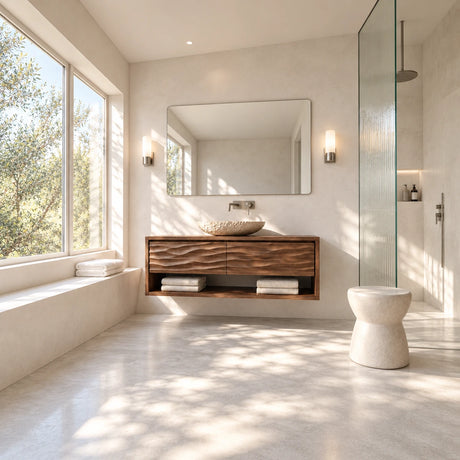 Wall mounted vanity in natural solid wood with textured drawers and open storage