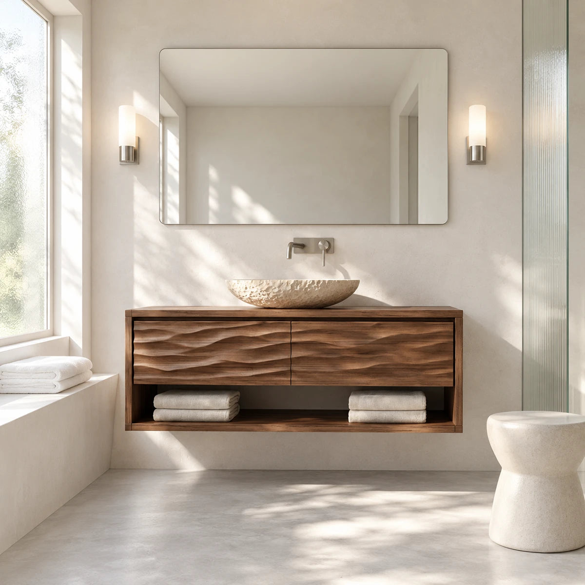 Single sink bathroom vanity in natural solid wood with vessel basin and shelf below