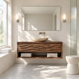 Single sink bathroom vanity in natural solid wood with vessel basin and shelf below