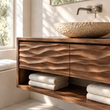 Modern bath vanity in natural solid wood with wave front drawers and open shelf space