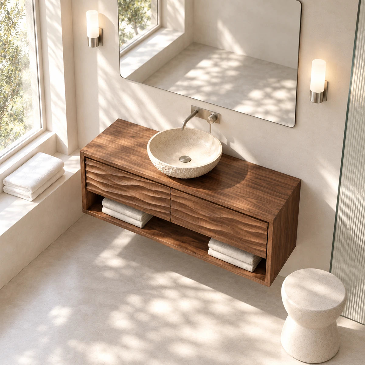 Vessel sink vanity in natural solid wood with floating frame and towel shelf below