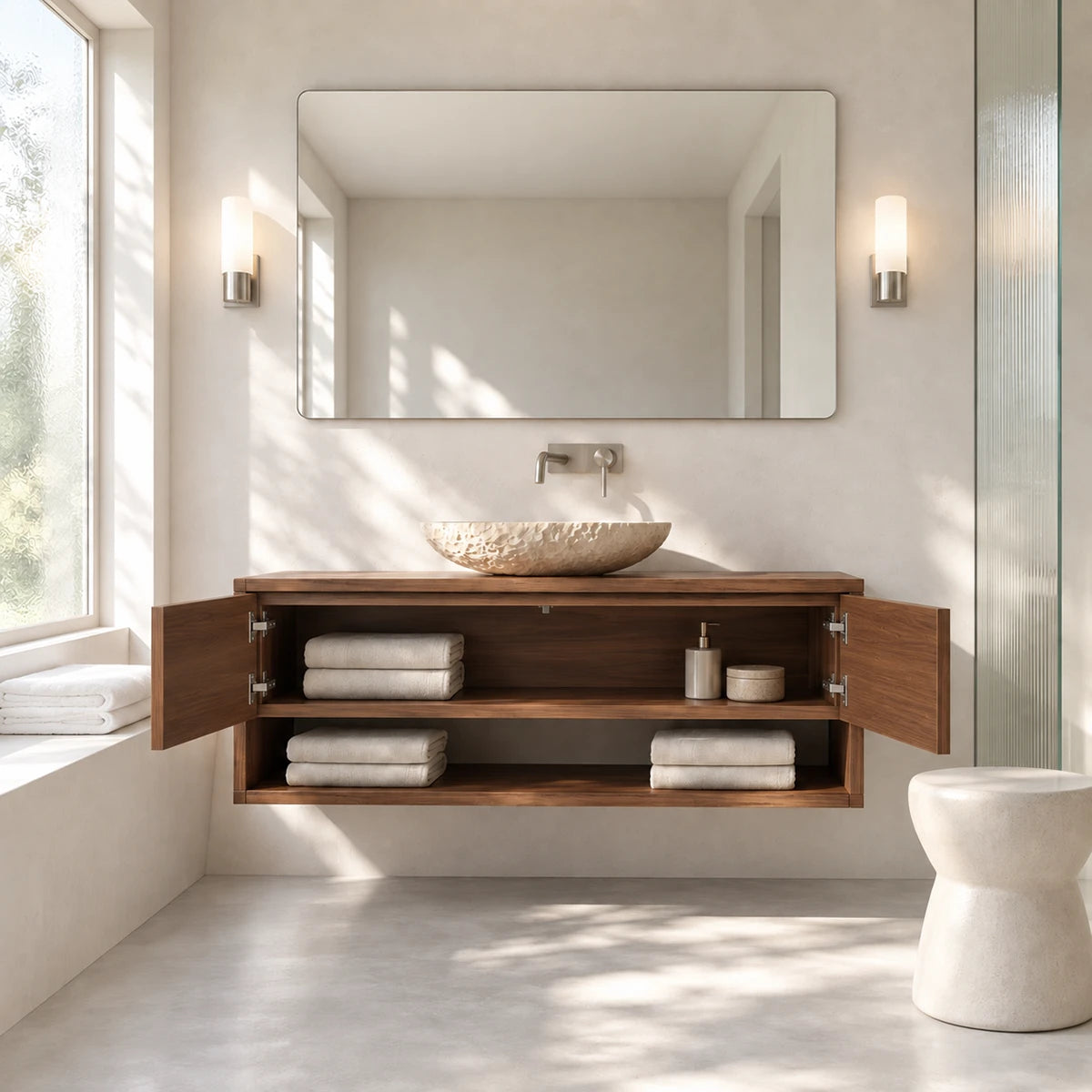 Open shelf bathroom vanity in natural solid wood with double drawers and basin top