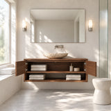 Open shelf bathroom vanity in natural solid wood with double drawers and basin top