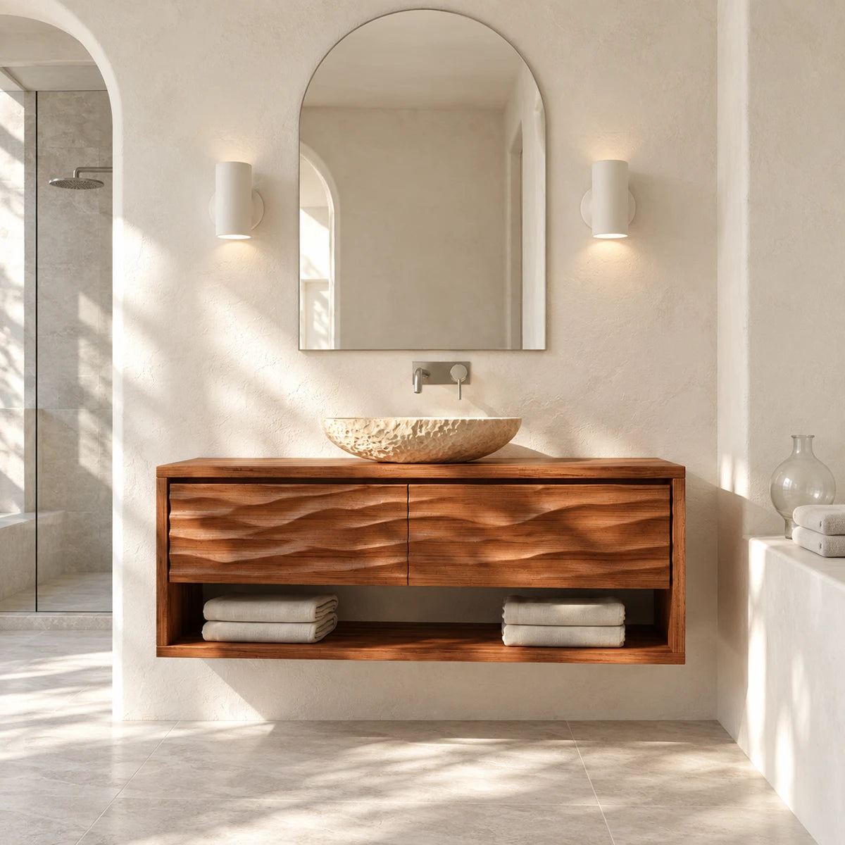 Contemporary vanity cabinet in natural solid wood with wave texture and storage space