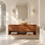 Contemporary vanity cabinet in natural solid wood with wave texture and storage space