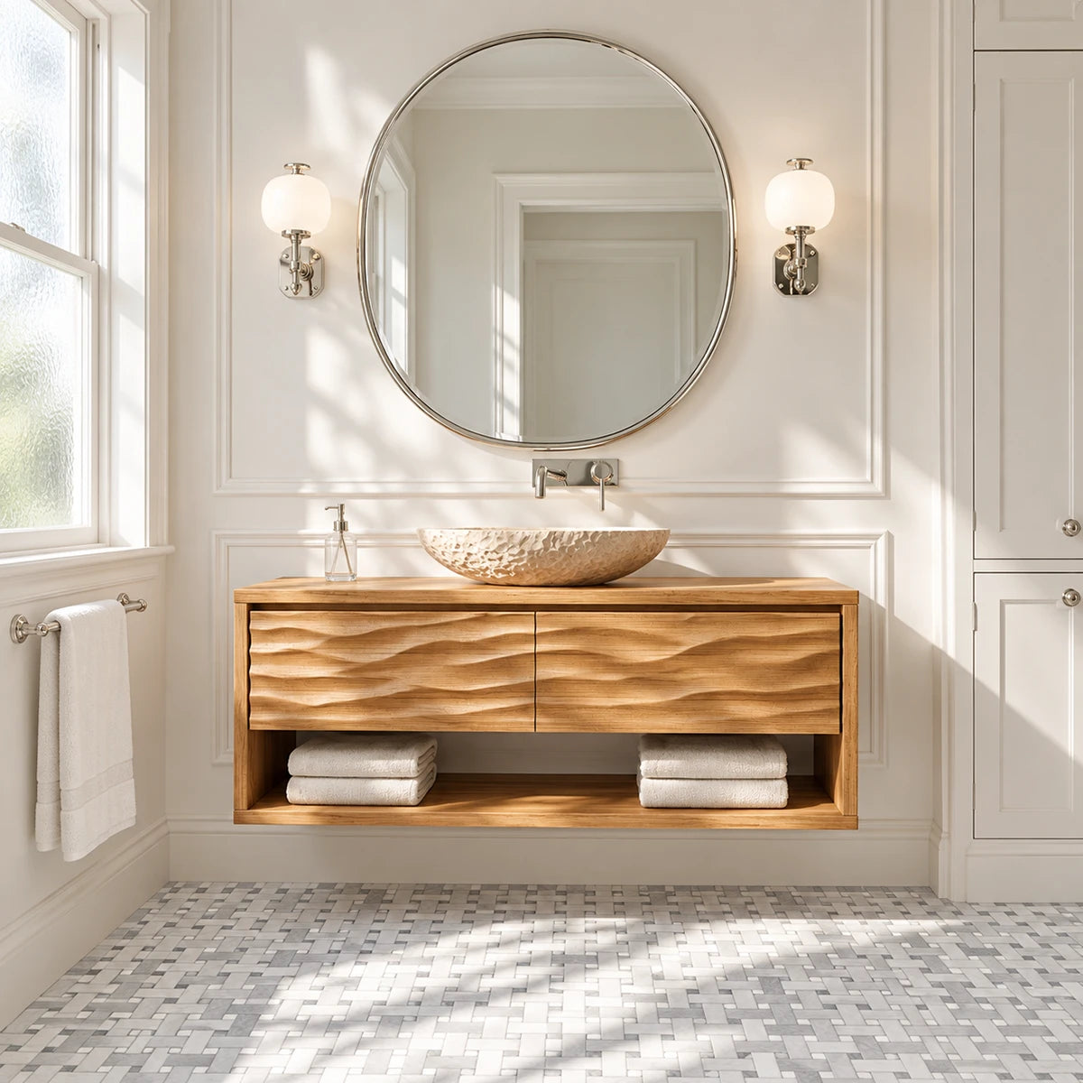 Minimalist vanity unit in natural solid wood with vessel sink and shelf storage below