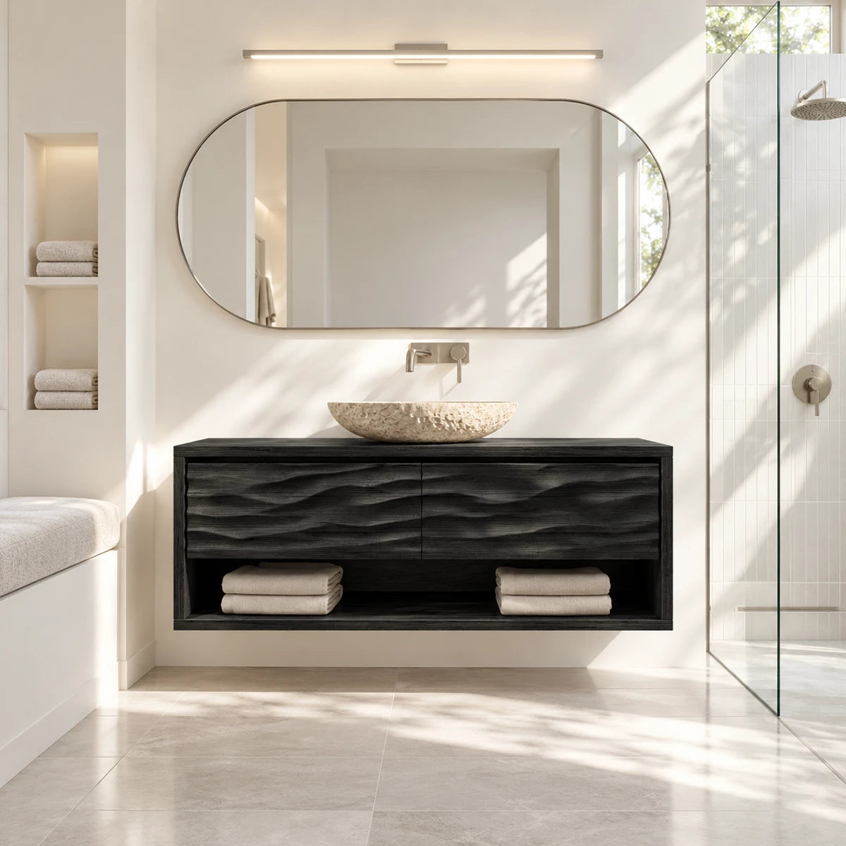Bathroom sink cabinet in natural solid wood with textured front and open shelf base