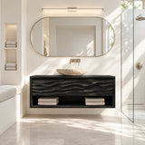 Bathroom sink cabinet in natural solid wood with textured front and open shelf base