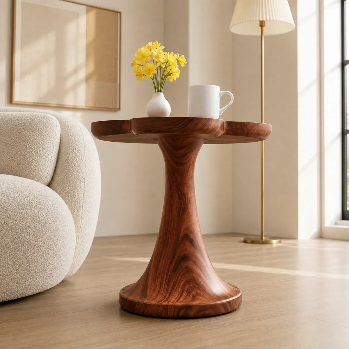 Designer side table with soft organic edges and visible grain for modern styling