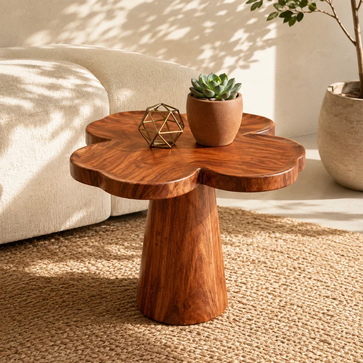 Sculptural end table with flower shaped top and warm wood tone finish in a bright room