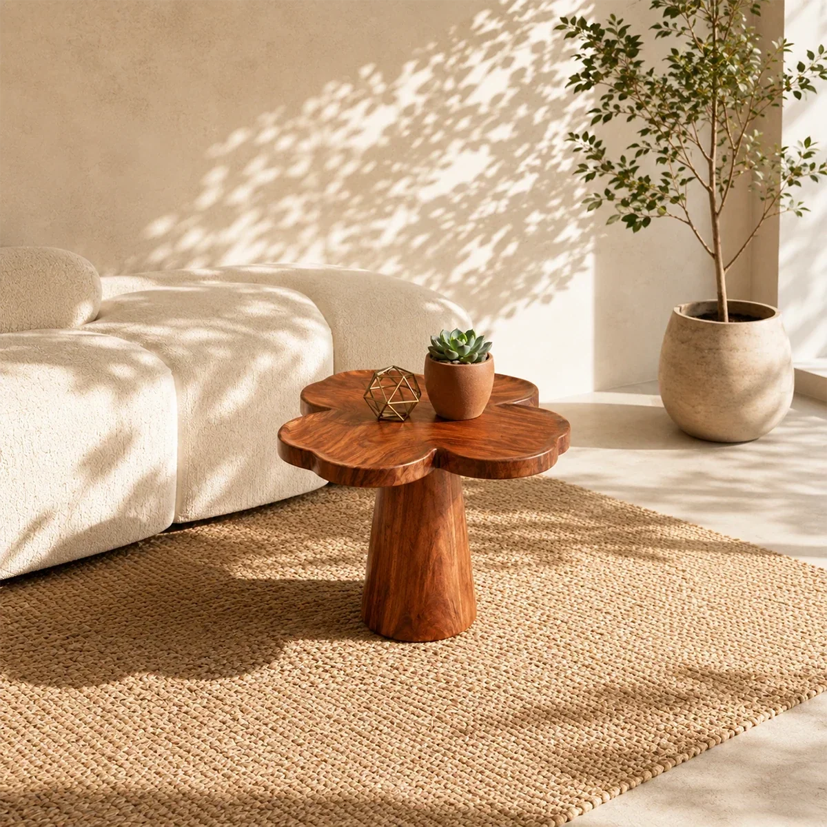 Organic modern side table styled beside curved seating in a calm sunlit interior space