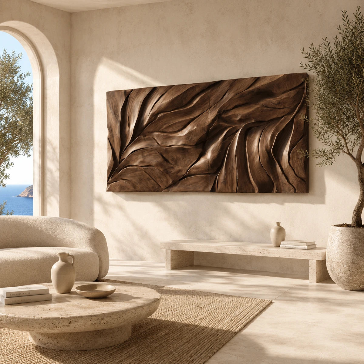 Abstract wall art with flowing carved relief adds depth to a refined modern interior