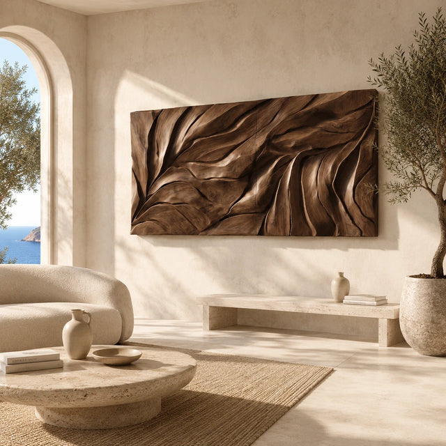 Abstract wall art with flowing carved relief adds depth to a refined modern interior