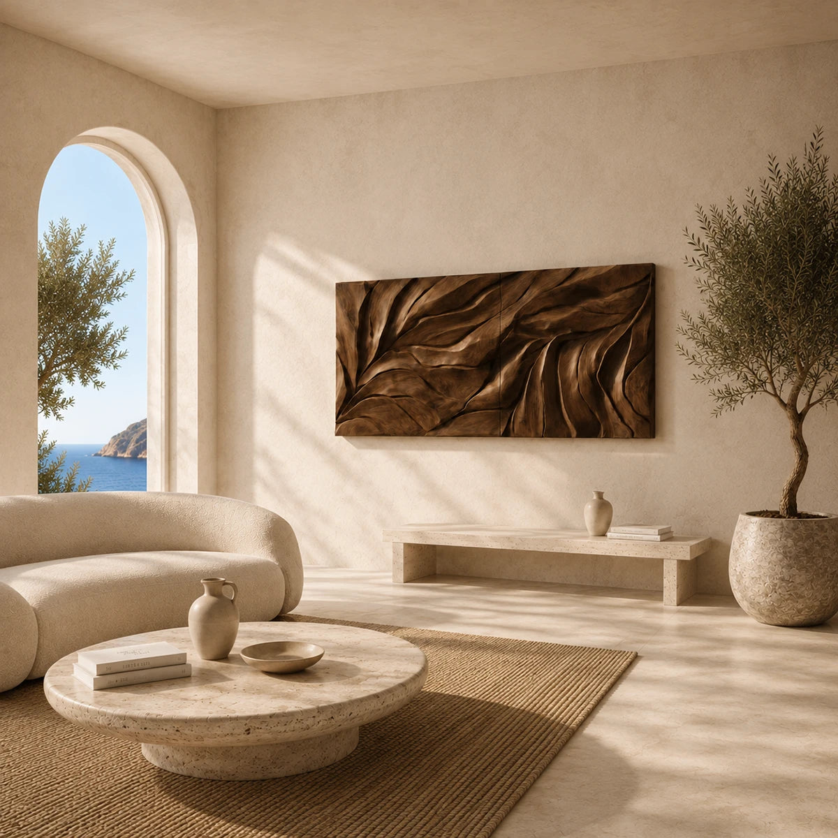 Large carved wall panel in natural solid wood creates texture across a bright living space