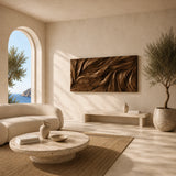 Large carved wall panel in natural solid wood creates texture across a bright living space