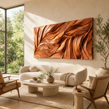 Natural solid wood wall art with fluid relief enhances a calm and spacious interior