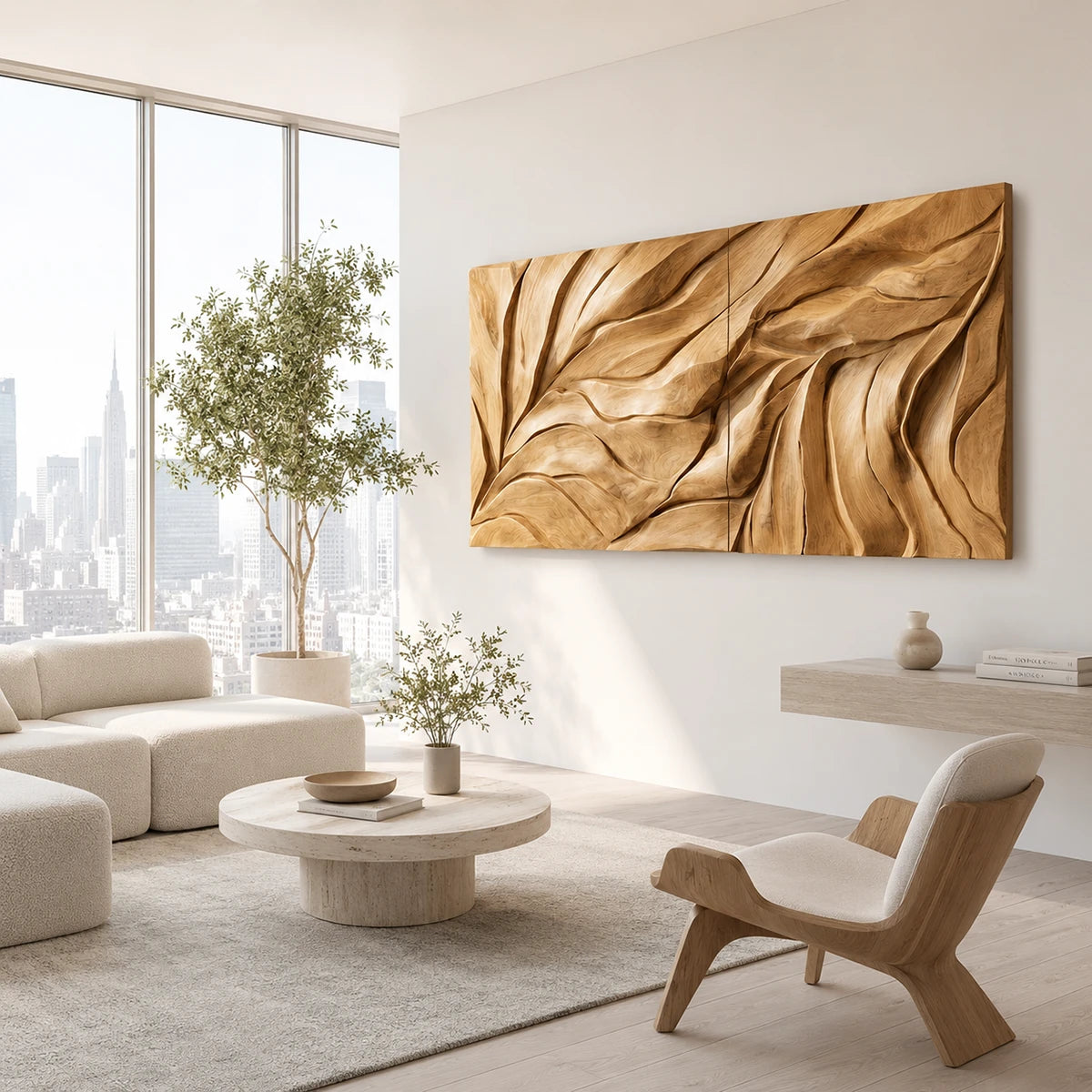Wide decorative wall panel with sculpted grooves adds visual rhythm to modern spaces