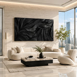 Flowing carved wall sculpture introduces organic depth to a minimalist living setting