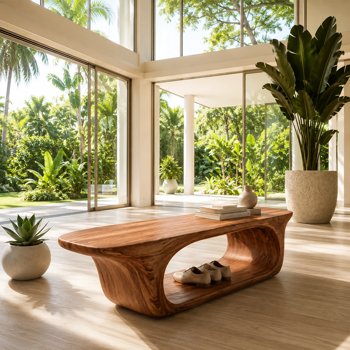 Organic modern bench adds artistic seating and practical storage to a sunlit foyer
