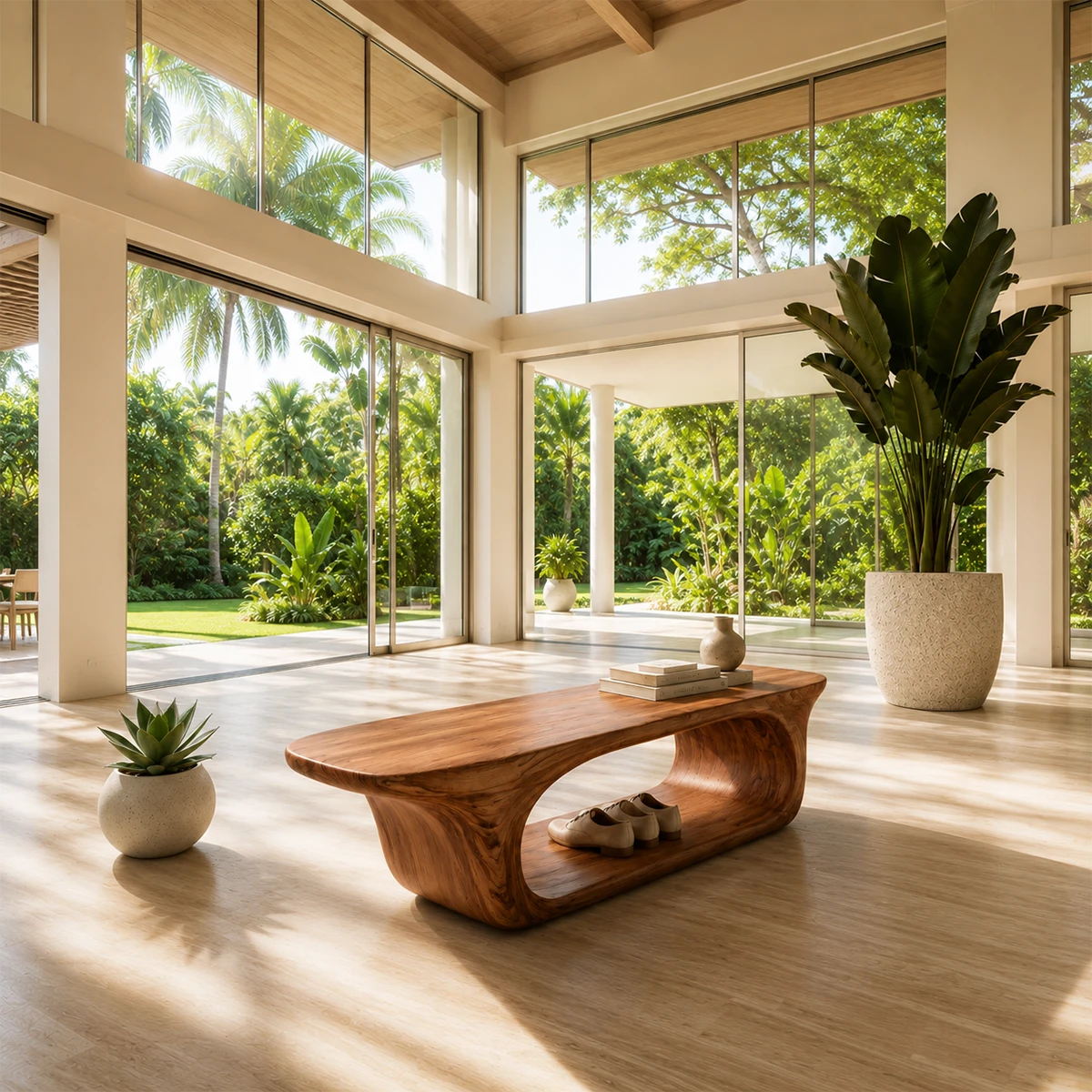 Sculptural bench with flowing curves and open shoe shelf in a bright tropical entryway