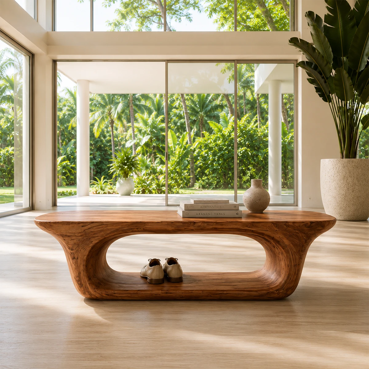 Designer entryway bench features a fluid silhouette with visible natural wood grain