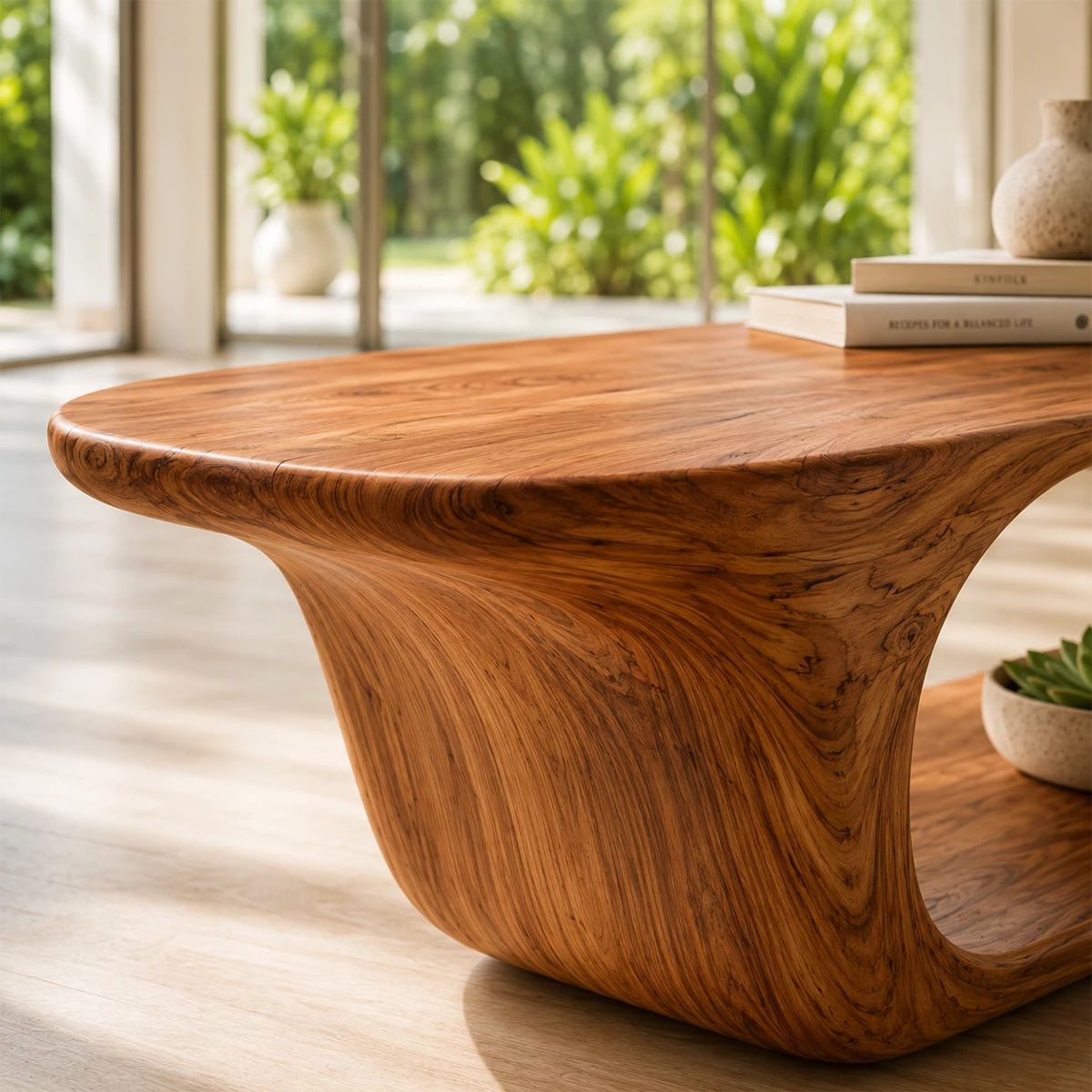 Handcrafted accent bench offers sculpted form and lower shelf storage for everyday use