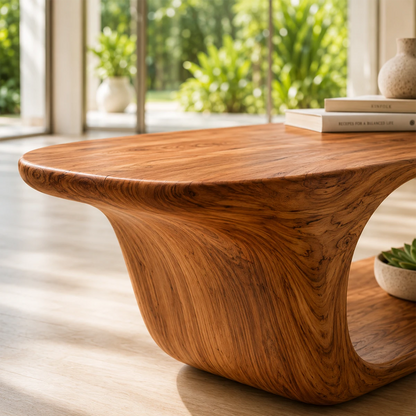 Handcrafted accent bench offers sculpted form and lower shelf storage for everyday use