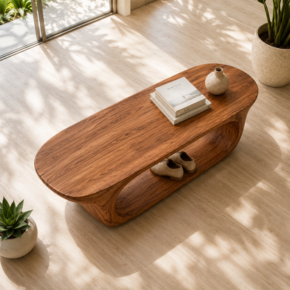 Modern hallway bench combines sweeping curves with functional space for shoes and decor