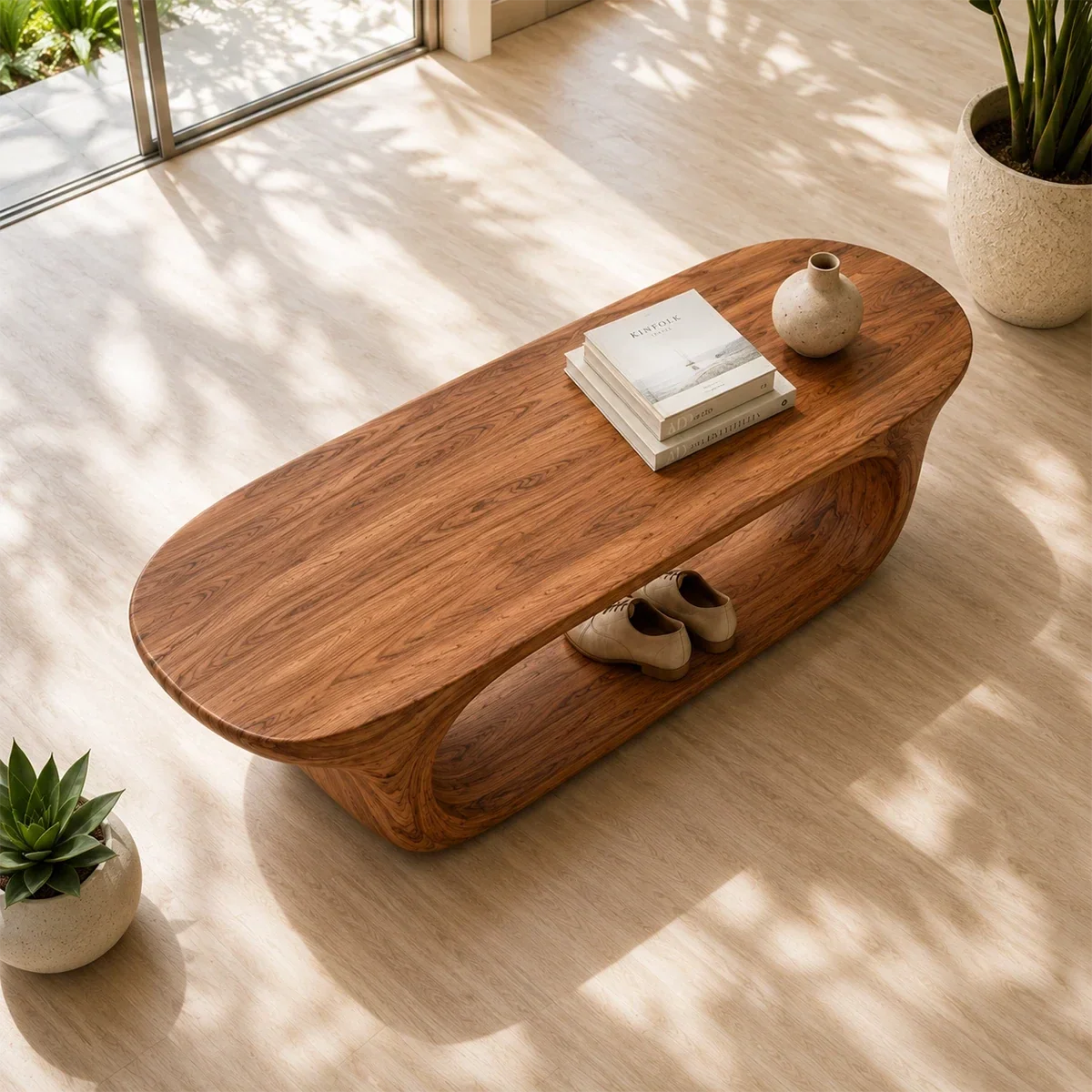 Modern hallway bench combines sweeping curves with functional space for shoes and decor