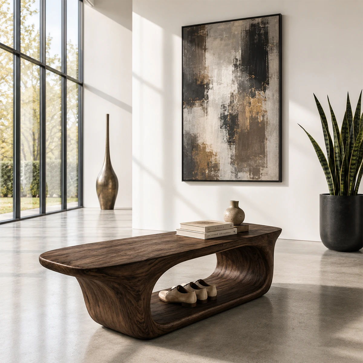 Artistic storage bench brings organic architecture to a calm luxury home entrance