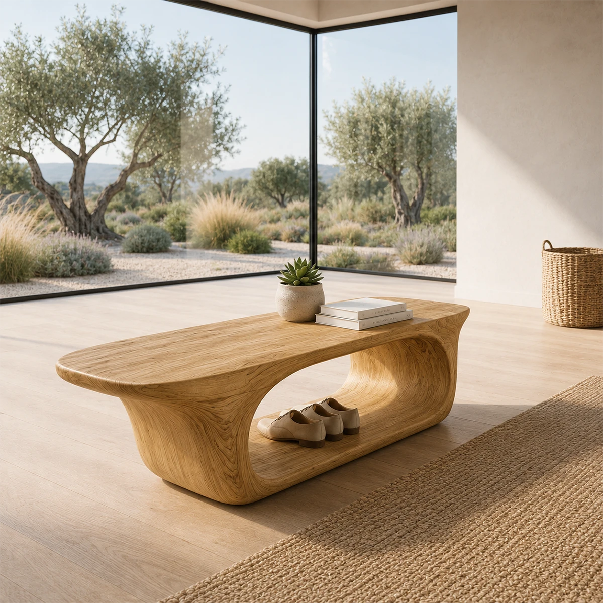 Statement foyer bench showcases smooth contours and a spacious open base for footwear